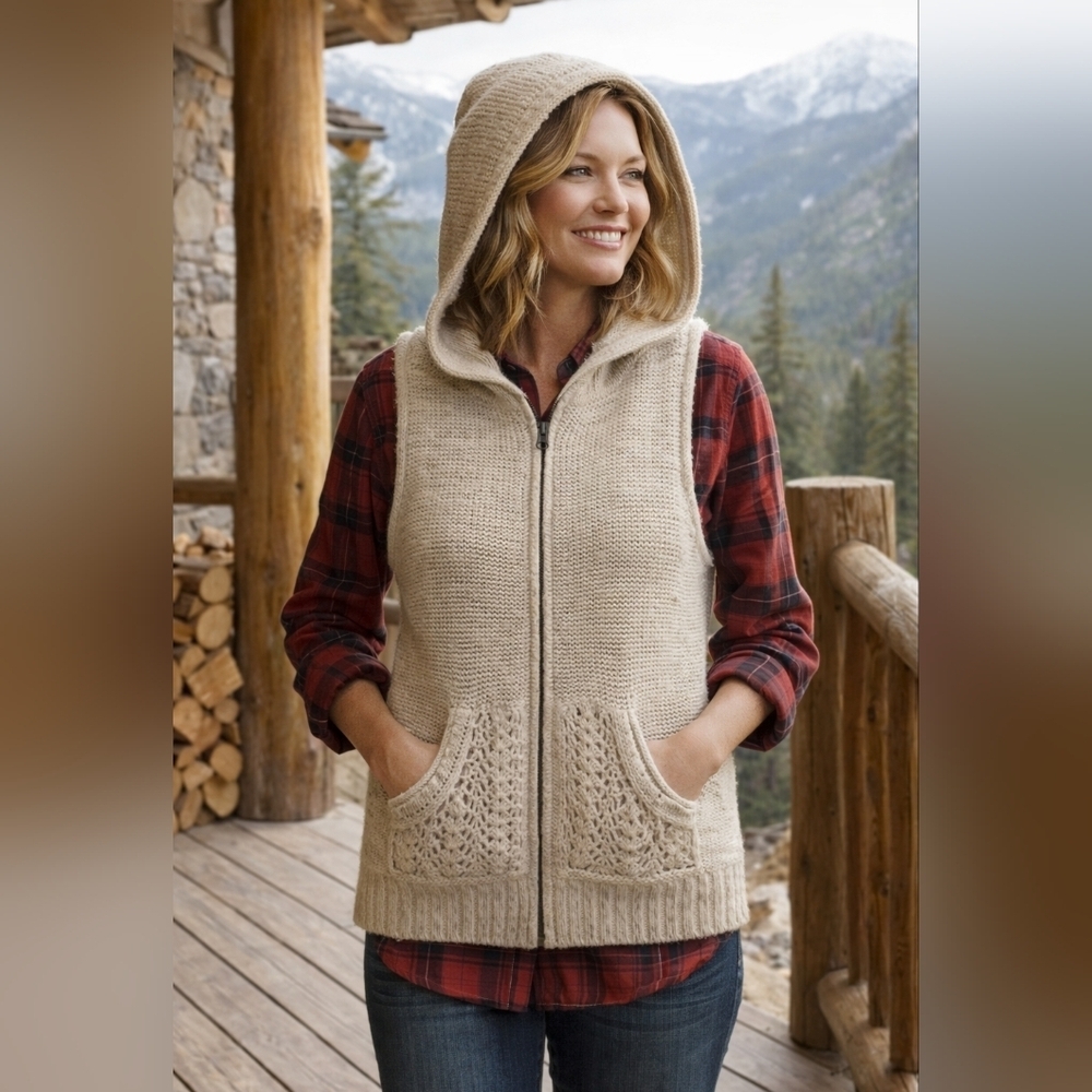 Woolrich Hooded Crochet Knit Sweater Vest Birch